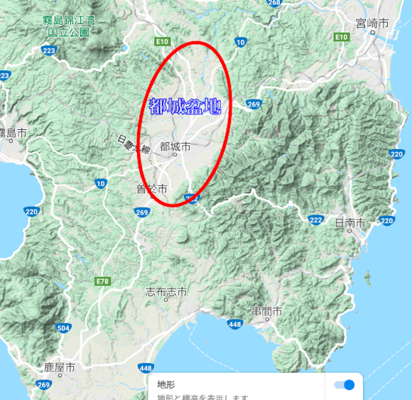都城盆地の Google MAP 地形表示