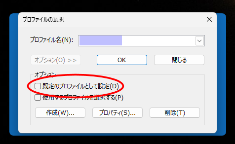 Outlook2019 の「プロファイルの選択」パネルでオプションを表示した時
